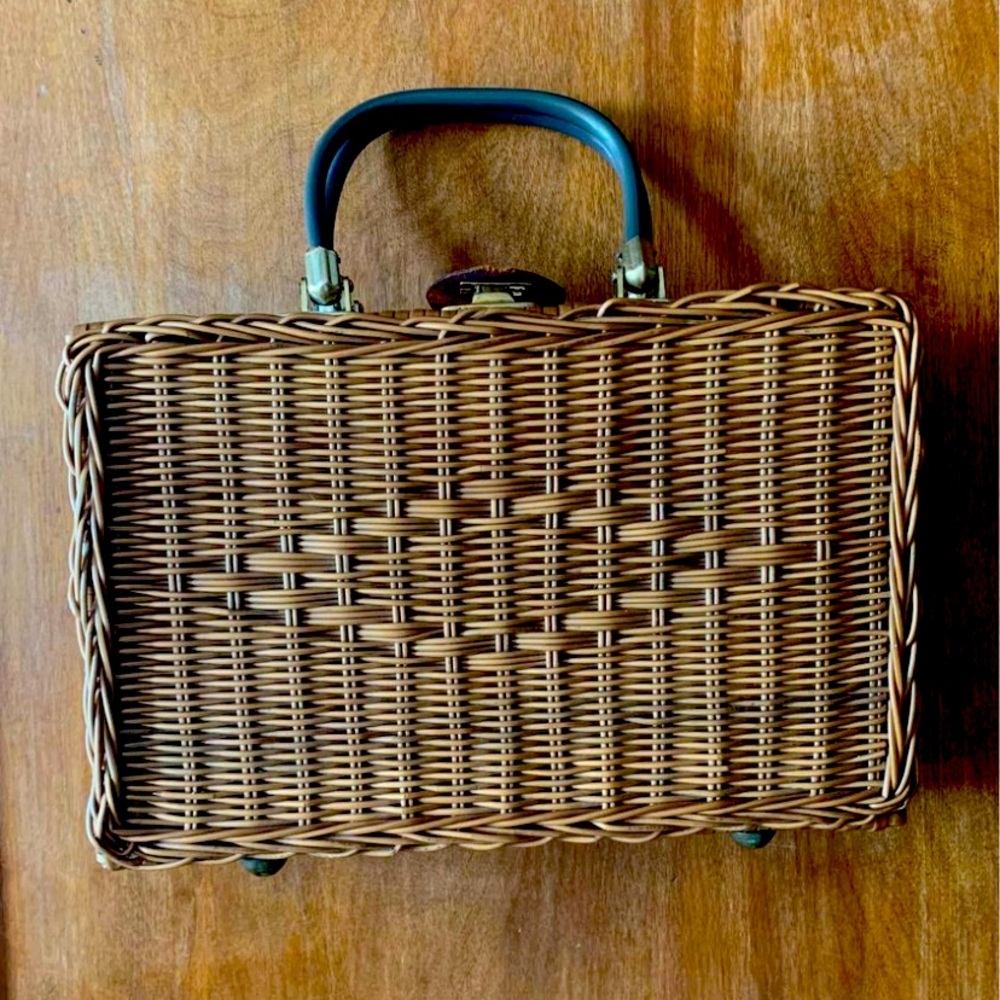Vintage Handmade by British Hong Kong wicker clutch